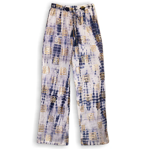 Calças Lounge Nomad Sari - Ouro & Azul c/ Motivos Gregos - Coleção Mediterrâneo
