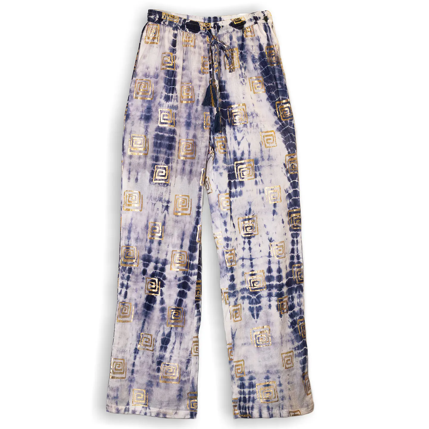 Calças Lounge Nomad Sari - Ouro & Azul c/ Motivos Gregos - Coleção Mediterrâneo 1