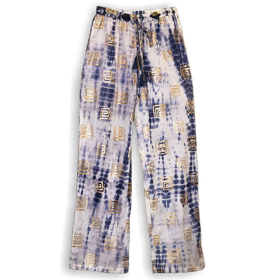 Calças Lounge Nomad Sari - Ouro & Azul c/ Motivos Gregos - Coleção Mediterrâneo 1