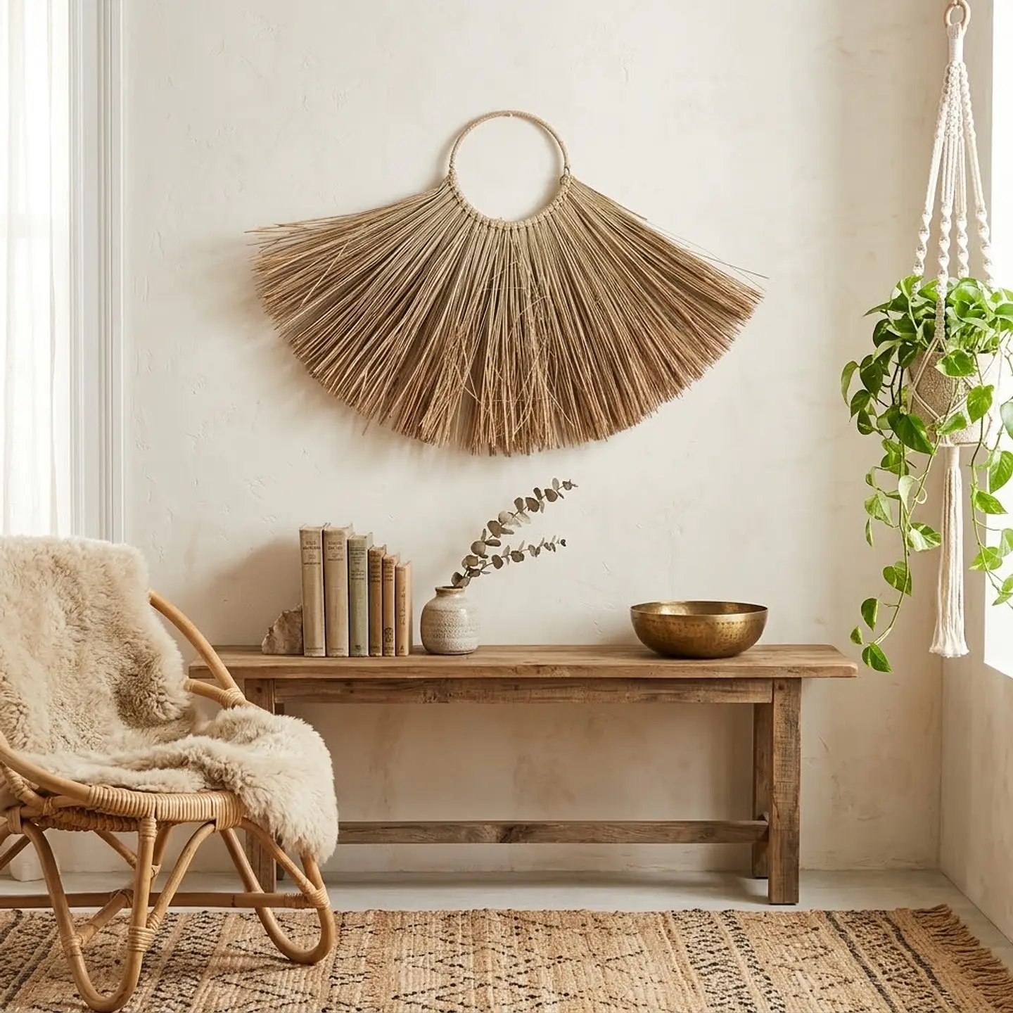 Pendurante de Parede - Leque de Ervas Marinhas & Rattan Suspenso - 66x23cm 3