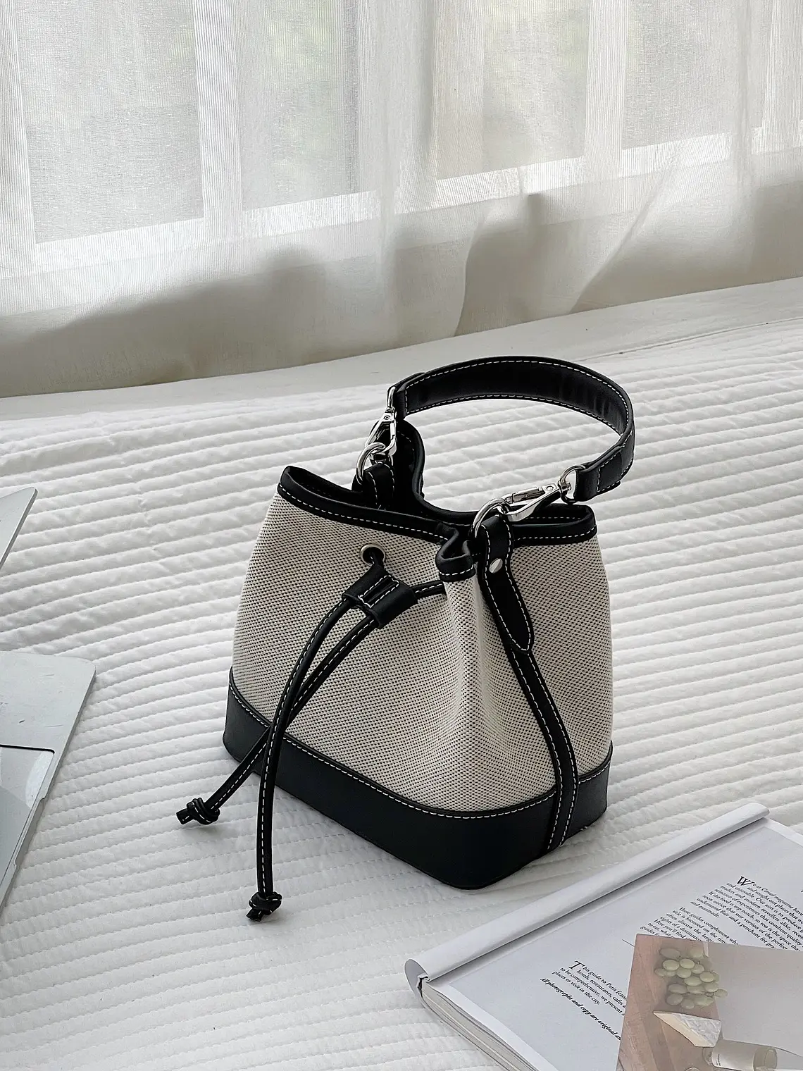 Bolso Bucket de Lona con Ribetes de Cuero PU - Casual, Ligero & Versátil 8