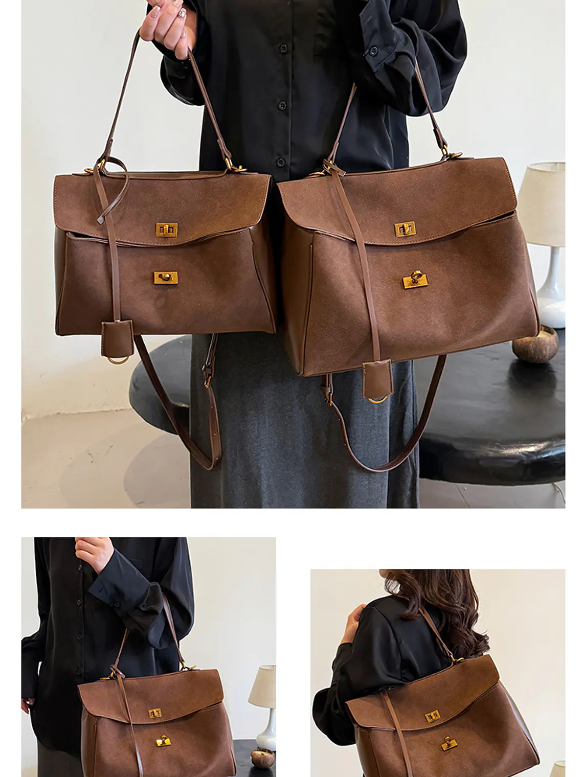 Bolso tote de ante sintético con broches dorados — estilo estructurado para el día a día 6