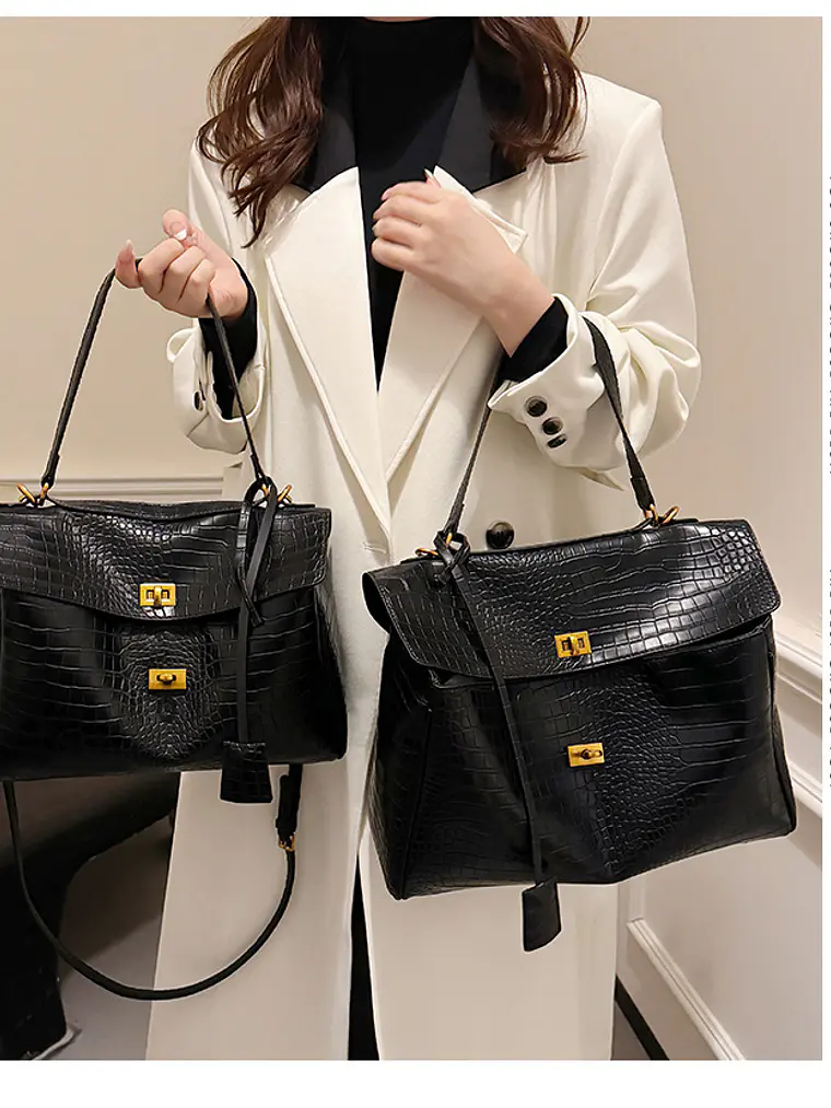Bolso tote de cuero sintético con textura cocodrilo y broches dorados — elegancia urbana en negro 1