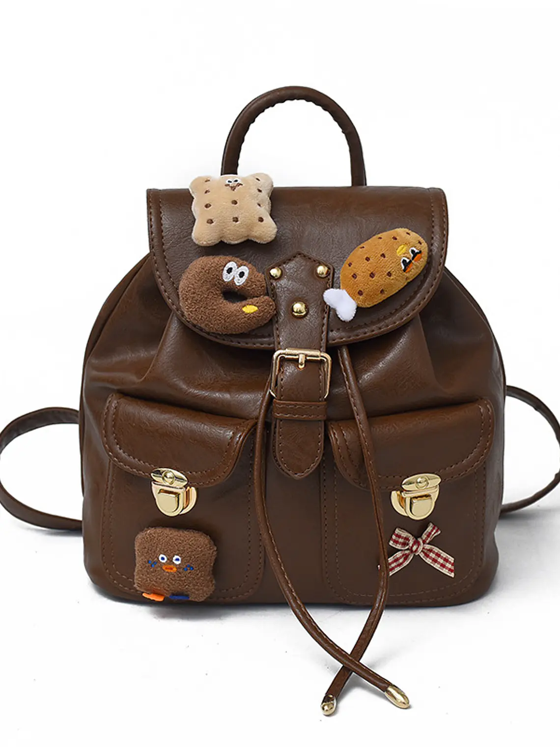 Mochila pequeña con apliques de peluche y colgante decorativo — estilo dulce retro en café 7