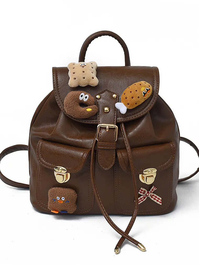 Mochila pequeña con apliques de peluche y colgante decorativo — estilo dulce retro en café 7