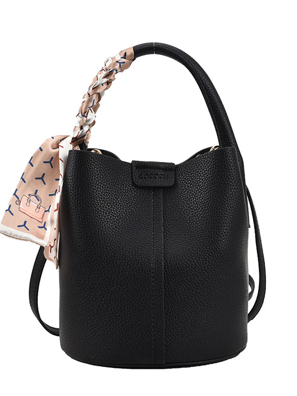 Bolso bucket con textura lichi y pañuelo decorativo entretejido — colores frescos para el día a día 1