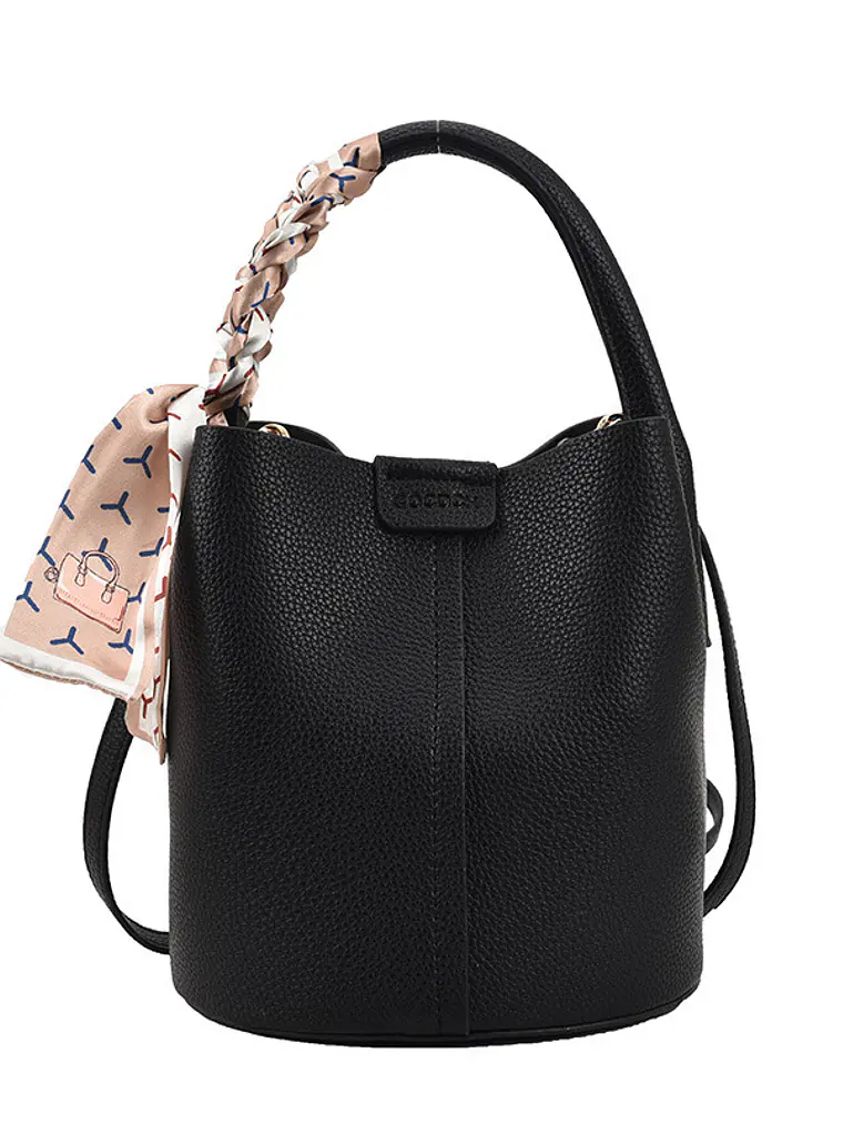 Bolso bucket con textura lichi y pañuelo decorativo entretejido — colores frescos para el día a día 1