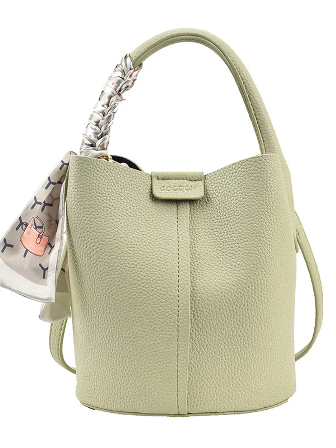 Bolso bucket con textura lichi y pañuelo decorativo entretejido — colores frescos para el día a día 12