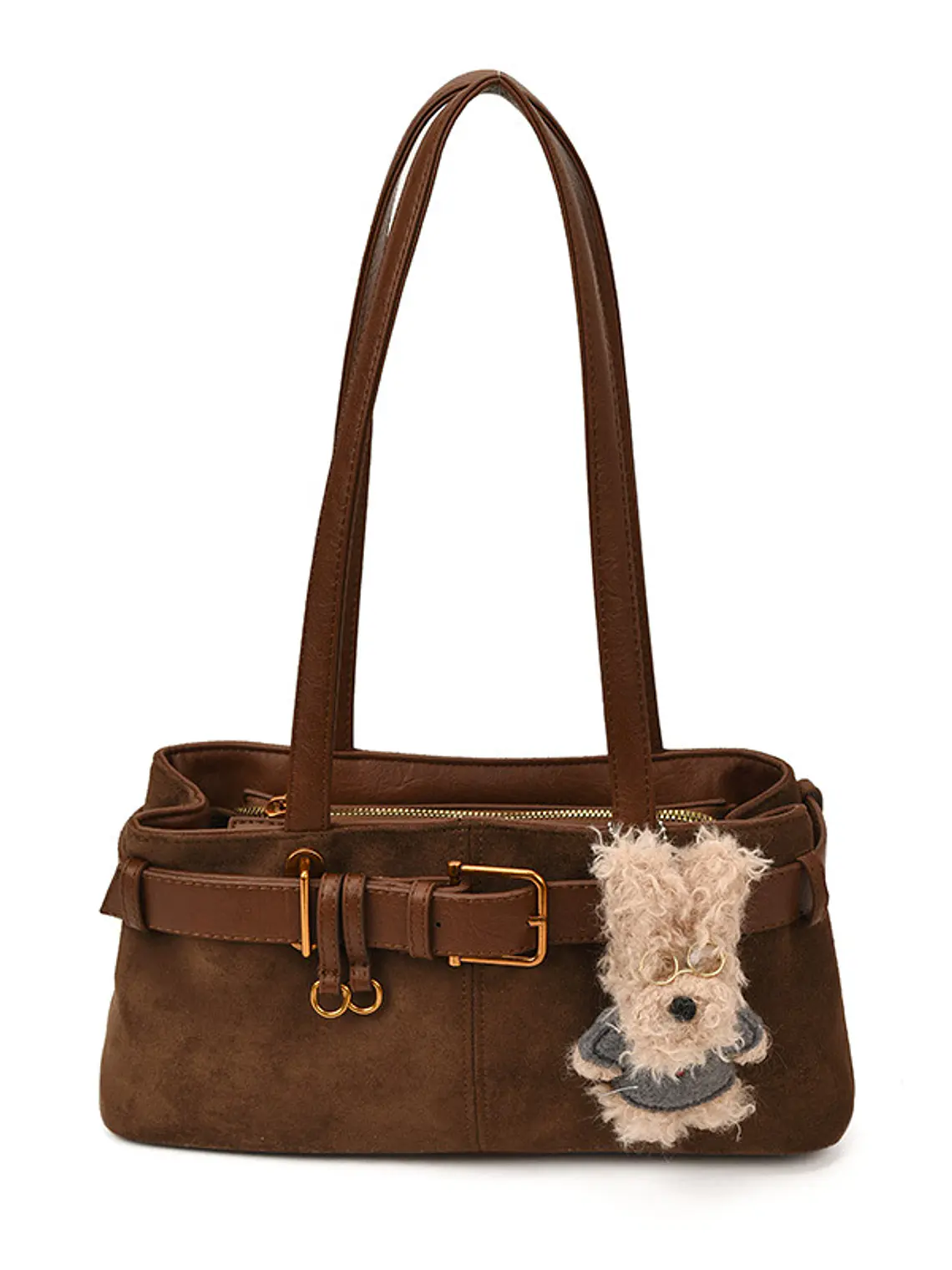 Bolso de hombro en ante sintético con cinturón decorativo y colgante de perrito — estilo retro dulce 6