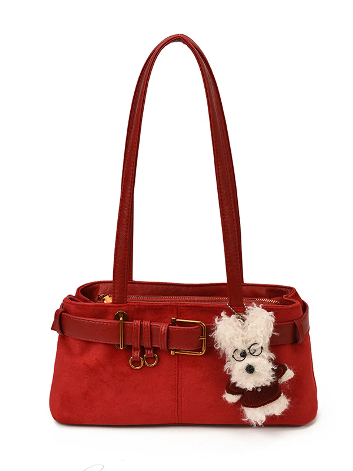 Bolso de hombro en ante sintético con cinturón decorativo y colgante de perrito — estilo retro dulce 11