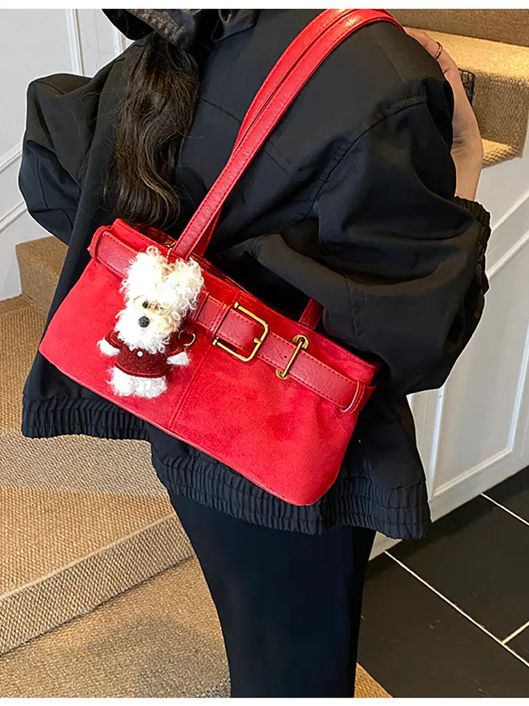 Bolso de hombro en ante sintético con cinturón decorativo y colgante de perrito — estilo retro dulce 15