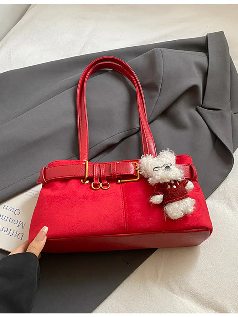 Bolso de hombro en ante sintético con cinturón decorativo y colgante de perrito — estilo retro dulce 12