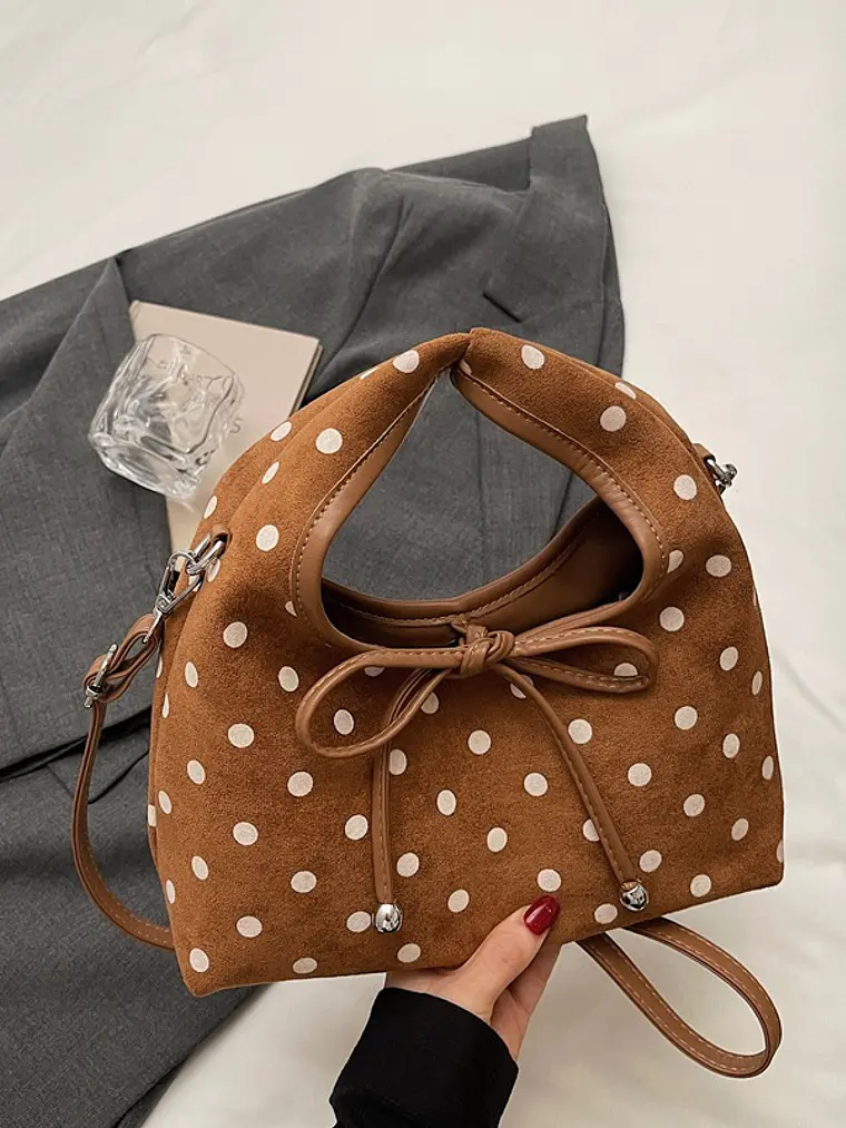 Bolso de ante con estampado de lunares, lazo decorativo y cierre magnético — estilo dulce y versátil 5