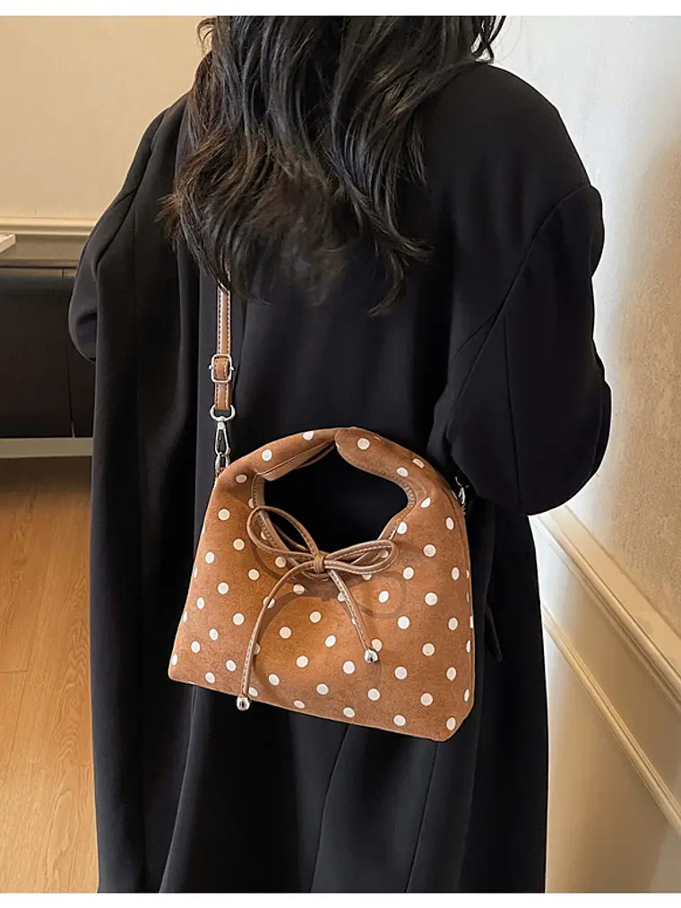 Bolso de ante con estampado de lunares, lazo decorativo y cierre magnético — estilo dulce y versátil 7