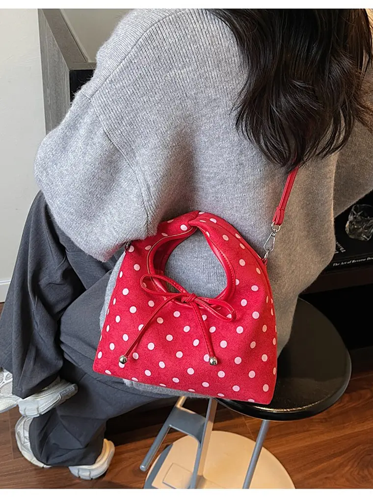 Bolso de ante con estampado de lunares, lazo decorativo y cierre magnético — estilo dulce y versátil 9