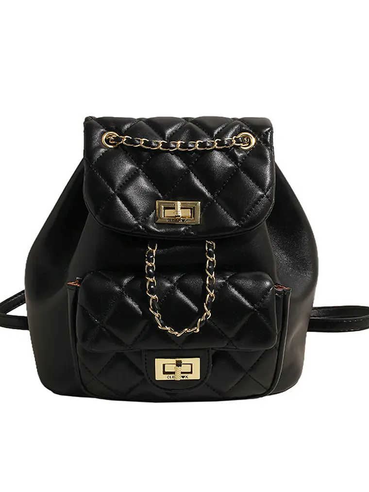 Mochila acolchada con textura de rombos, cadena dorada y bolsillo frontal con broche — estilo clásico 2