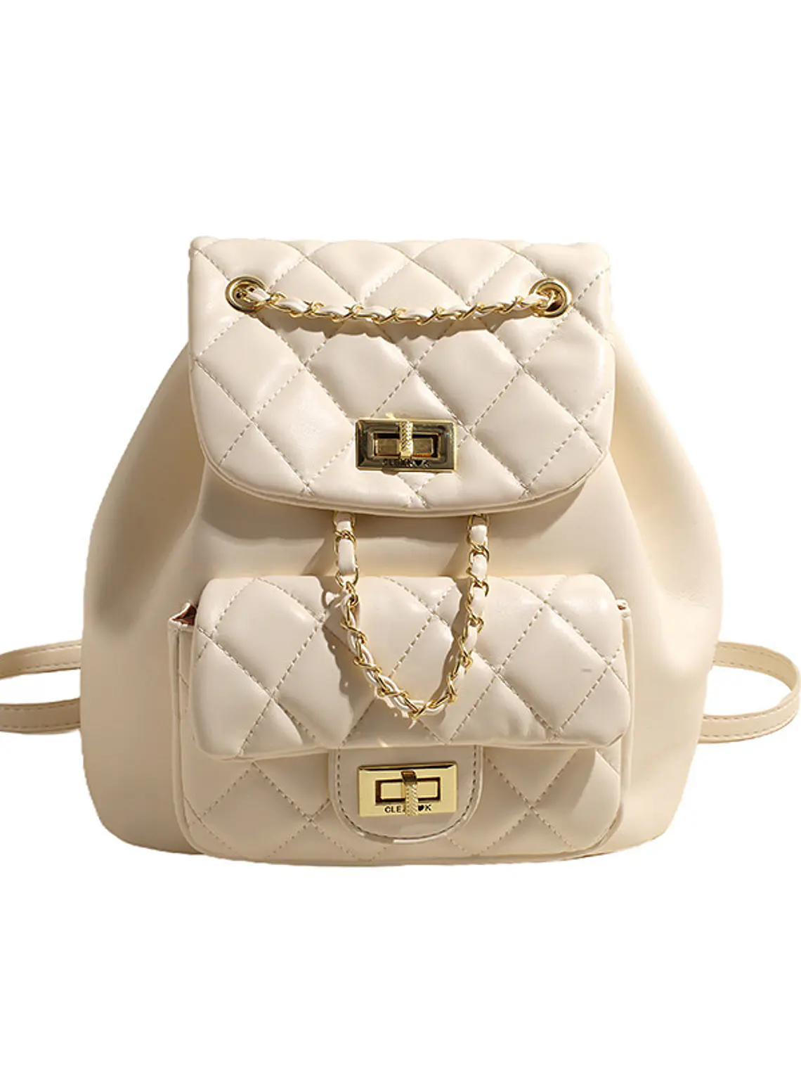 Mochila acolchada con textura de rombos, cadena dorada y bolsillo frontal con broche — estilo clásico 5