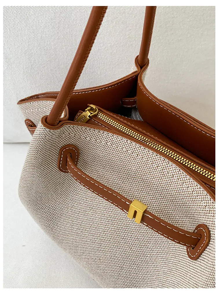 Bolso tote de lona con ribetes de cuero sintético y cierre de cremallera — estilo urbano minimalista 9