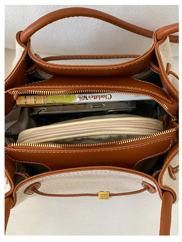 Bolso tote de lona con ribetes de cuero sintético y cierre de cremallera — estilo urbano minimalista 10