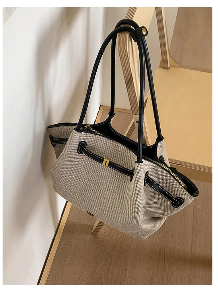Bolso tote de lona con ribetes de cuero sintético y cierre de cremallera — estilo urbano minimalista 12