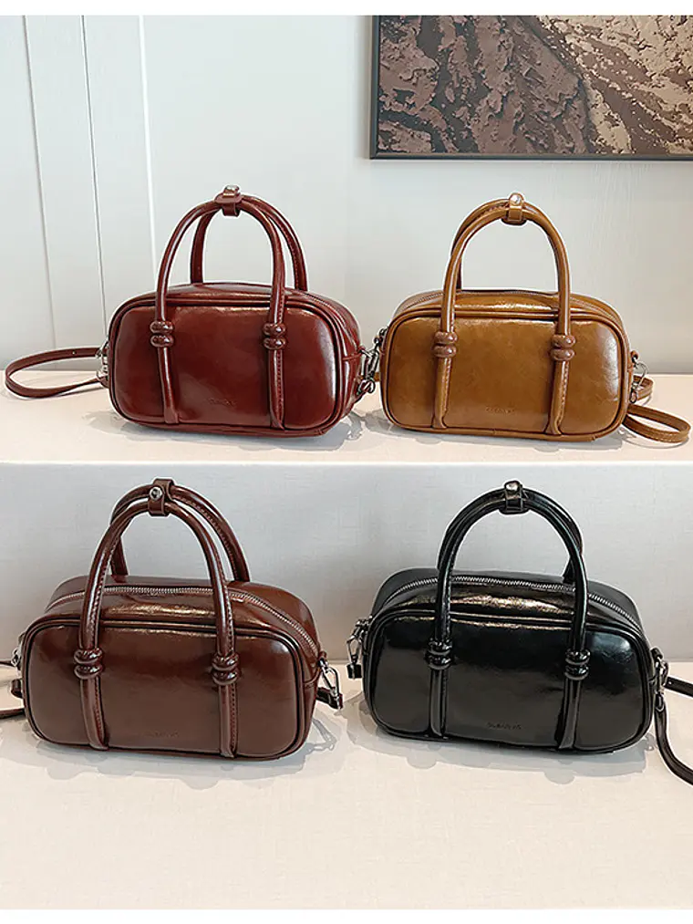 Bolso Boston mini con asas anudadas y correa larga — estilo retro street 1
