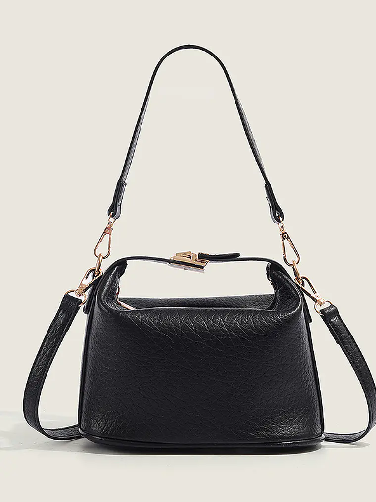 Bolso caja compacto de cuero sintético con asa giratoria dorada — estilo estructurado cotidiano 10