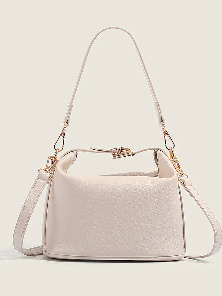 Bolso caja compacto de cuero sintético con asa giratoria dorada — estilo estructurado cotidiano 8