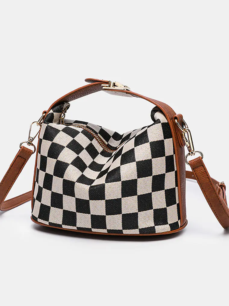 Bolso caja de lona a cuadros con ribete de cuero sintético y asa giratoria — estilo retro compacto 1