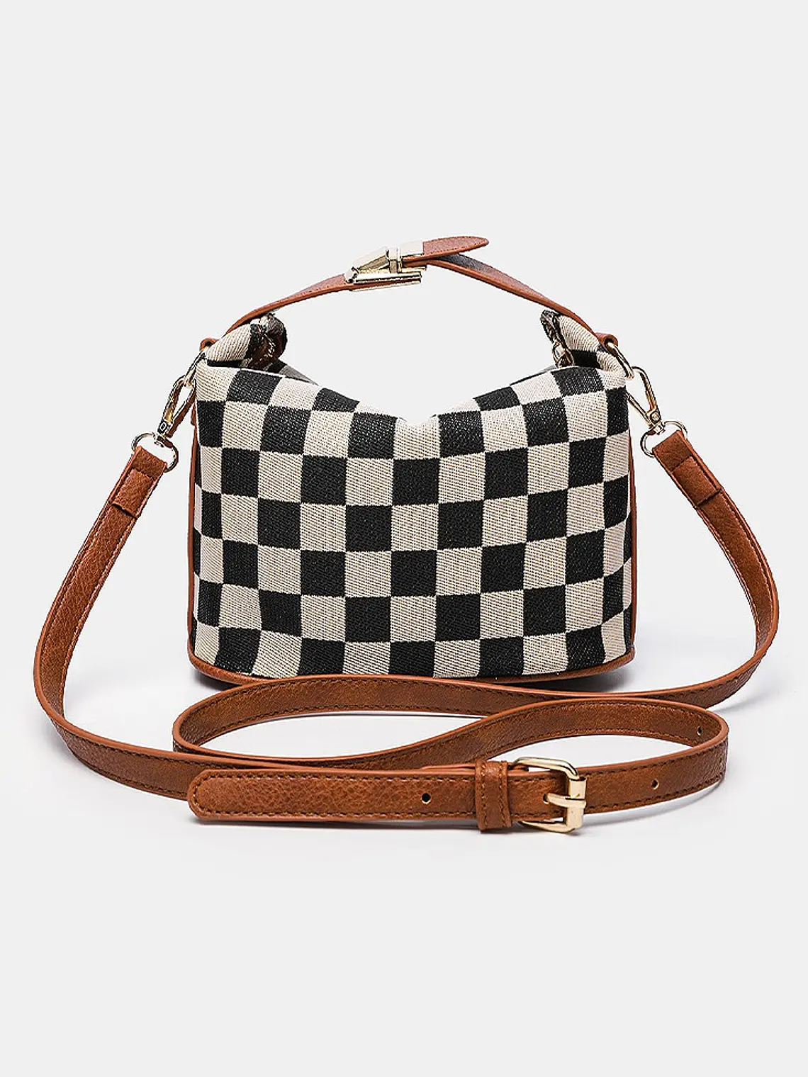 Bolso caja de lona a cuadros con ribete de cuero sintético y asa giratoria — estilo retro compacto 3