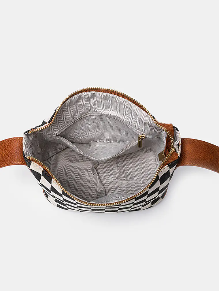 Bolso caja de lona a cuadros con ribete de cuero sintético y asa giratoria — estilo retro compacto 8