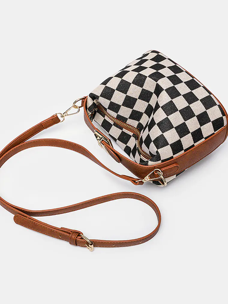 Bolso caja de lona a cuadros con ribete de cuero sintético y asa giratoria — estilo retro compacto 6