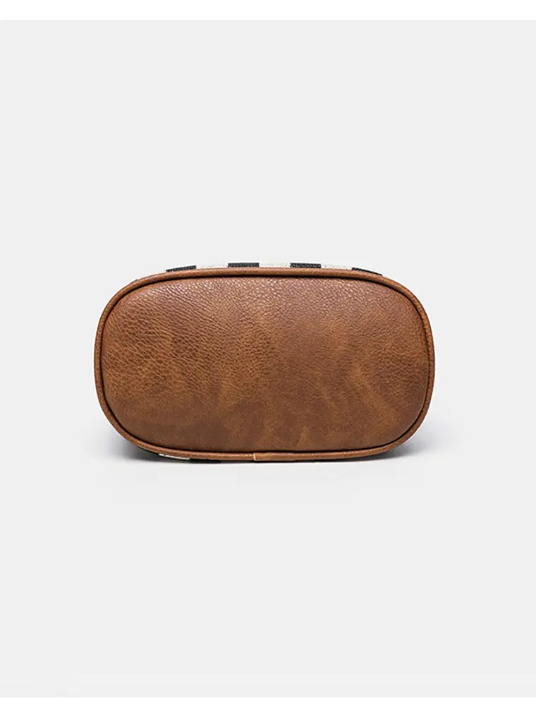 Bolso caja de lona a cuadros con ribete de cuero sintético y asa giratoria — estilo retro compacto 5