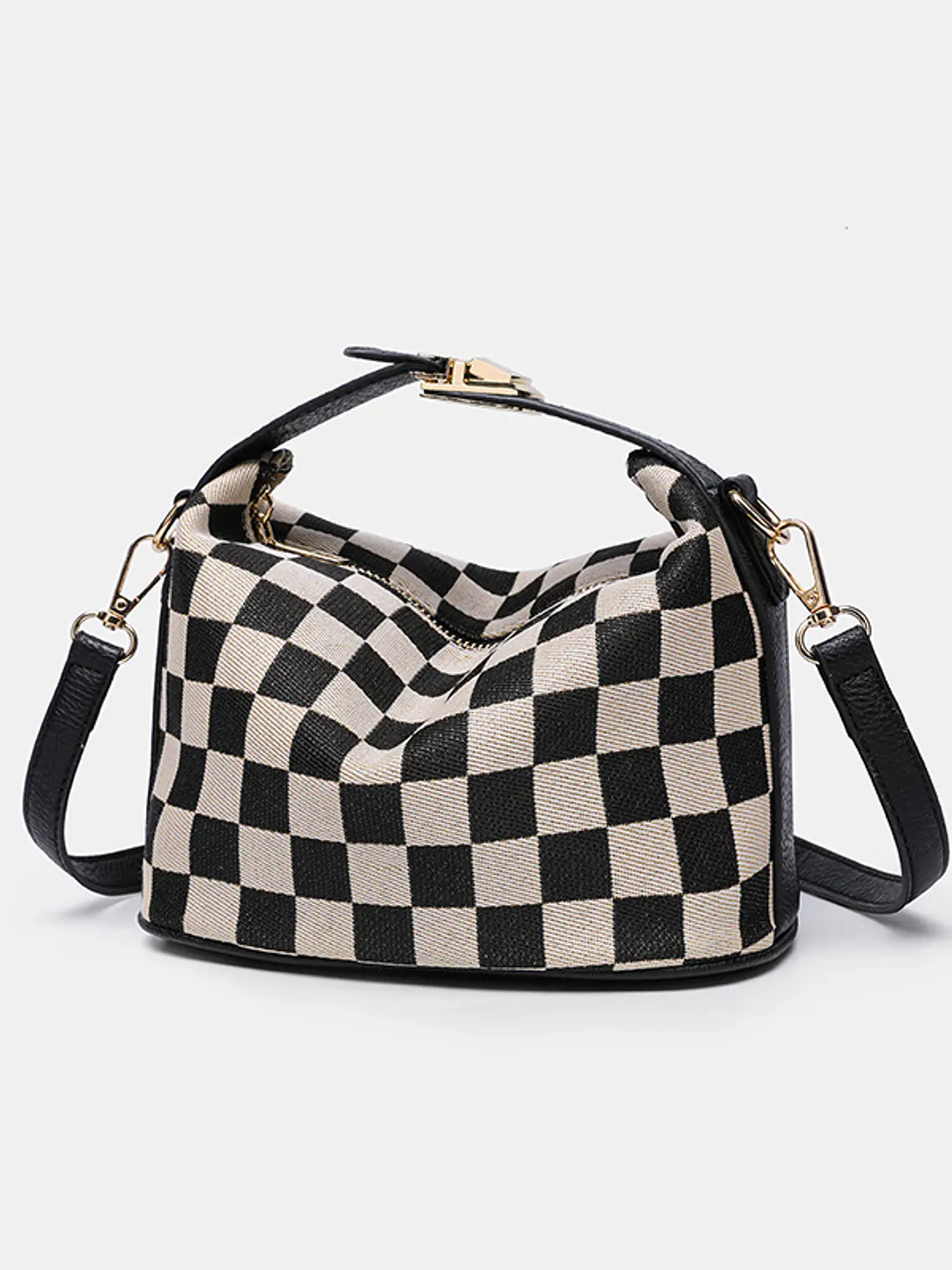 Bolso caja de lona a cuadros con ribete de cuero sintético y asa giratoria — estilo retro compacto 9