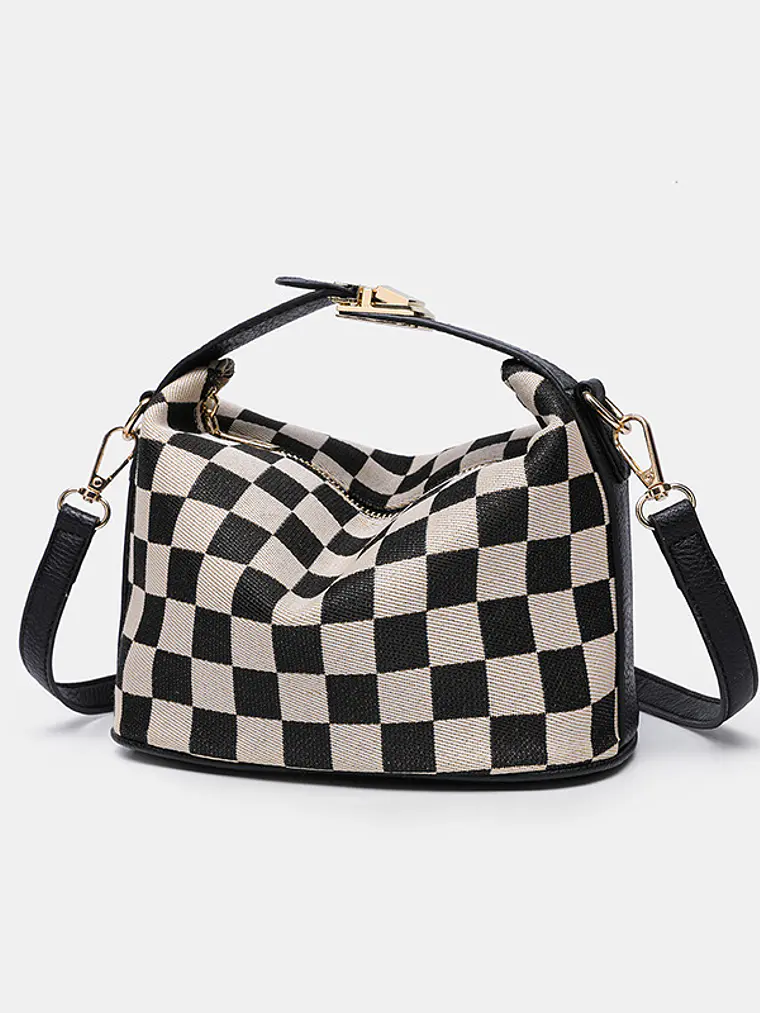 Bolso caja de lona a cuadros con ribete de cuero sintético y asa giratoria — estilo retro compacto 9
