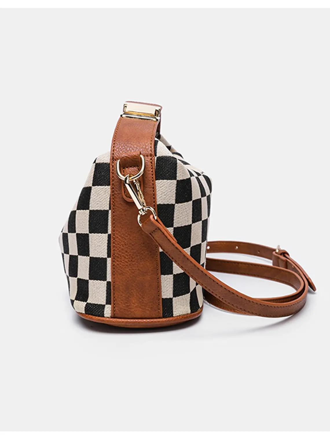 Bolso caja de lona a cuadros con ribete de cuero sintético y asa giratoria — estilo retro compacto 4