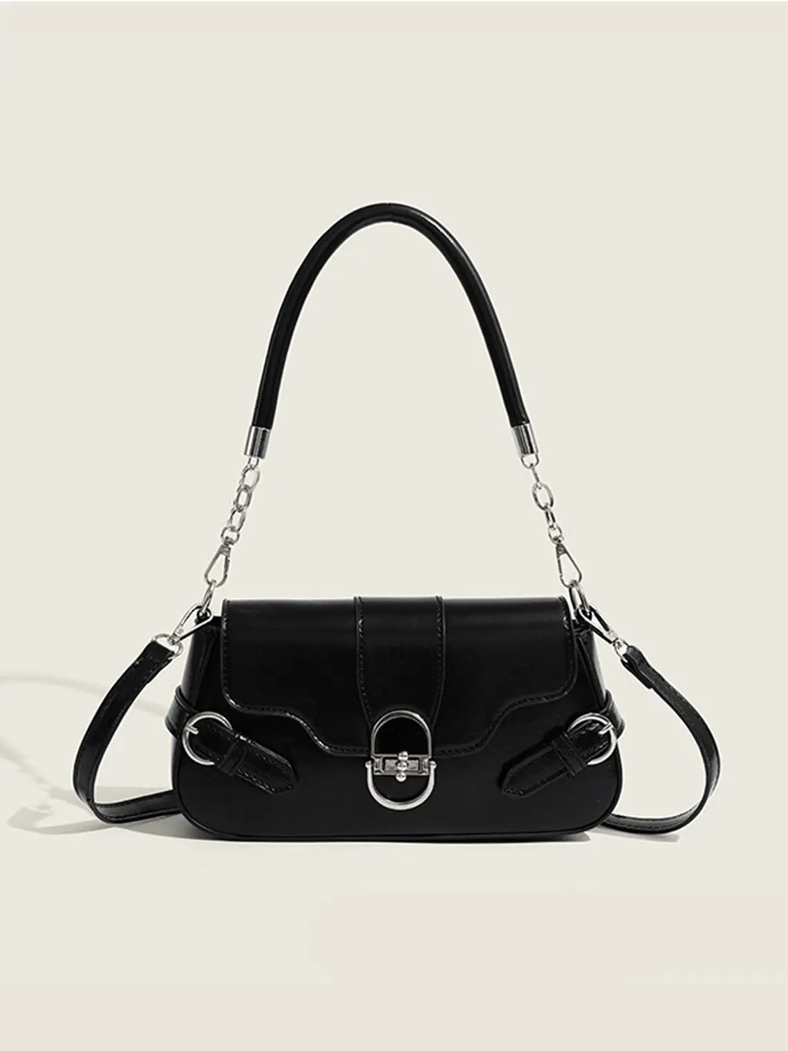 Bolso de hombro con solapa y cerradura ovalada plateada — estilo retro urbano 1