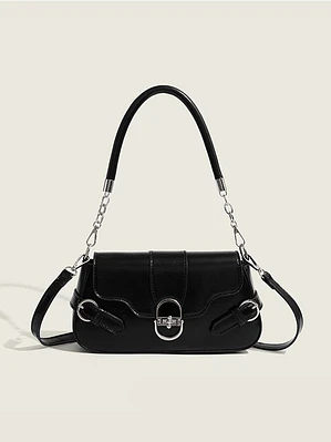 Bolso de hombro con solapa y cerradura ovalada plateada — estilo retro urbano
