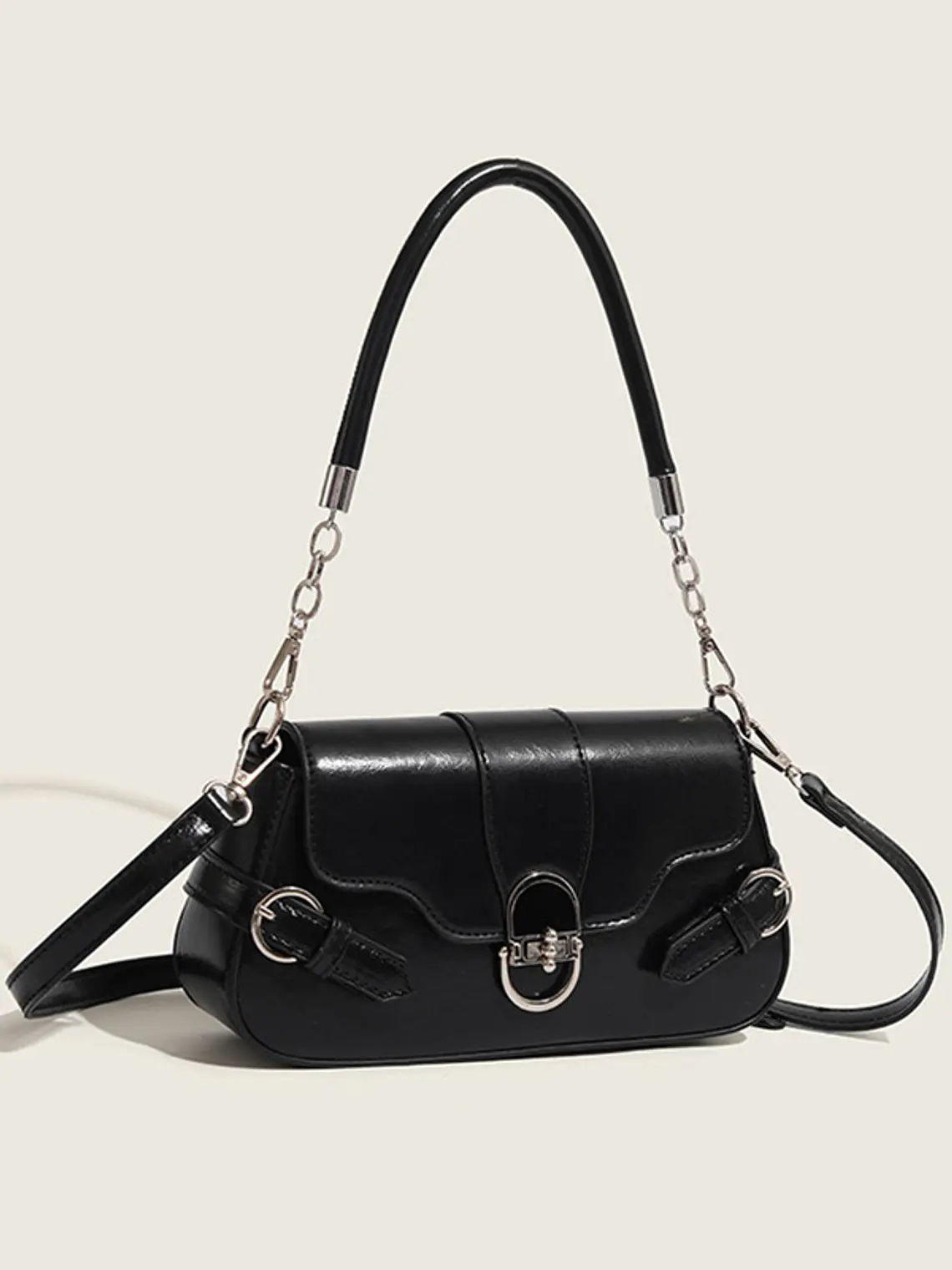Bolso de hombro con solapa y cerradura ovalada plateada — estilo retro urbano 2