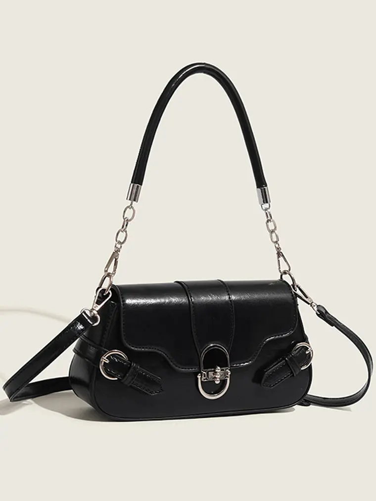 Bolso de hombro con solapa y cerradura ovalada plateada — estilo retro urbano 2