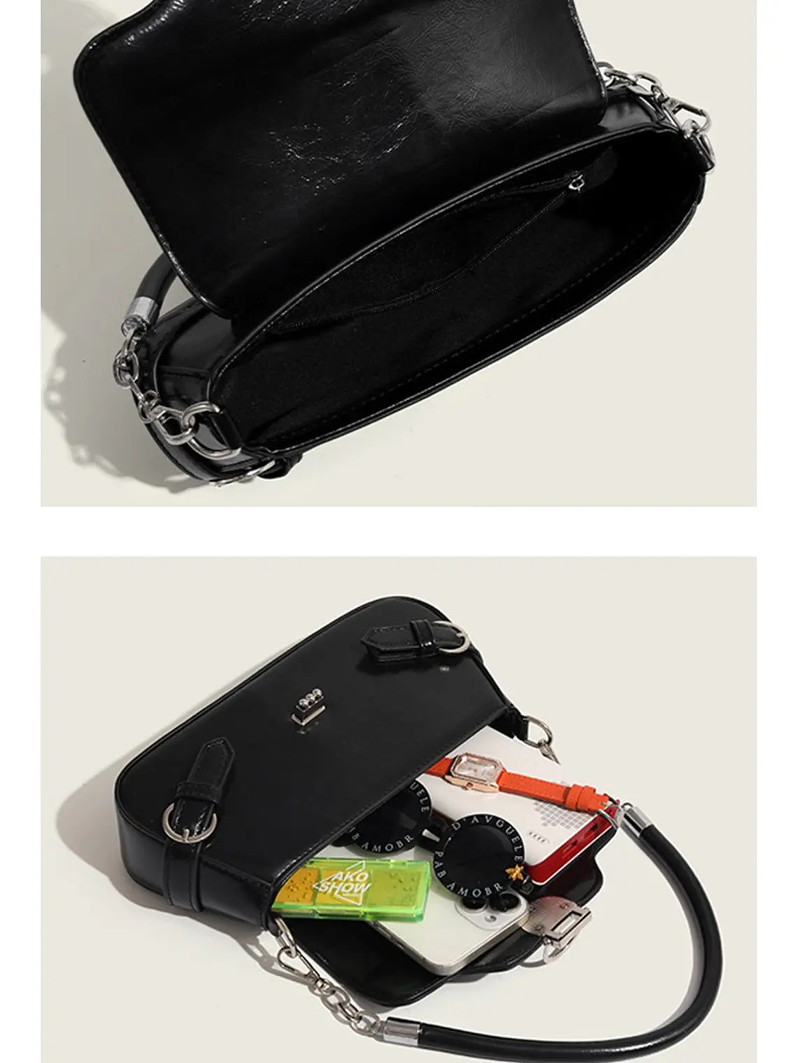 Bolso de hombro con solapa y cerradura ovalada plateada — estilo retro urbano 7