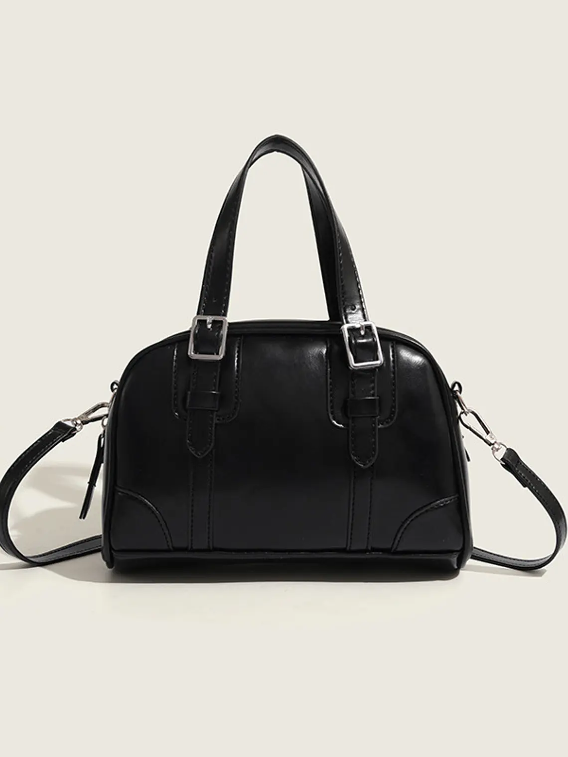 Bolso de mano tipo cápsula con hebillas plateadas y costuras decorativas — estilo retro coreano 11