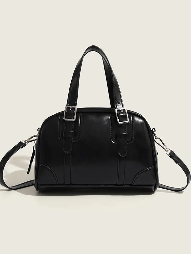 Bolso de mano tipo cápsula con hebillas plateadas y costuras decorativas — estilo retro coreano 11