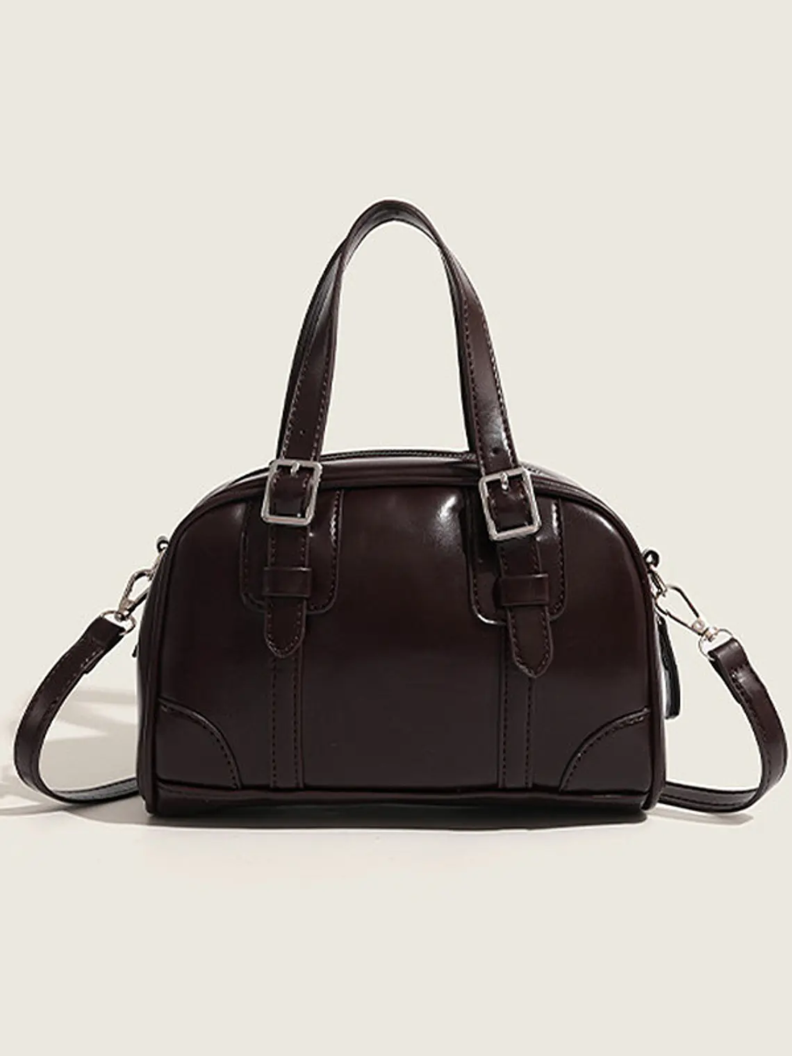 Bolso de mano tipo cápsula con hebillas plateadas y costuras decorativas — estilo retro coreano 9