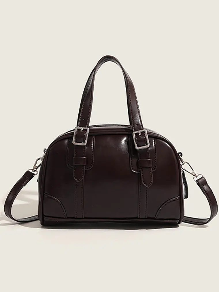 Bolso de mano tipo cápsula con hebillas plateadas y costuras decorativas — estilo retro coreano 9