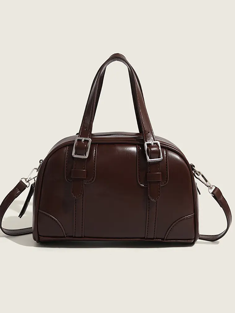 Bolso de mano tipo cápsula con hebillas plateadas y costuras decorativas — estilo retro coreano 1