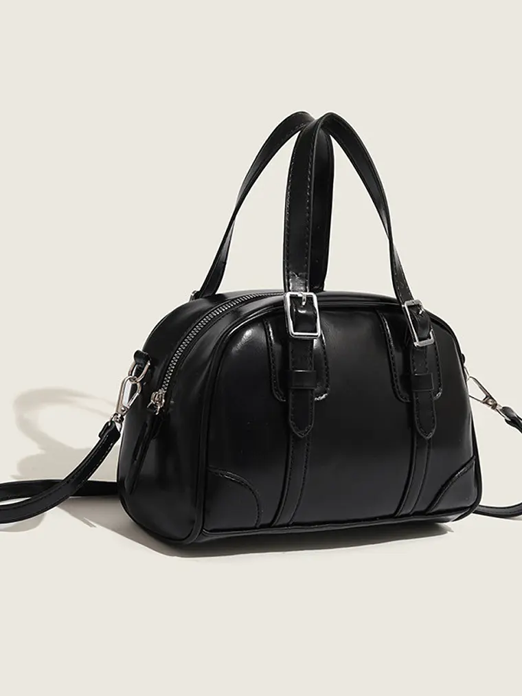 Bolso de mano tipo cápsula con hebillas plateadas y costuras decorativas — estilo retro coreano 12