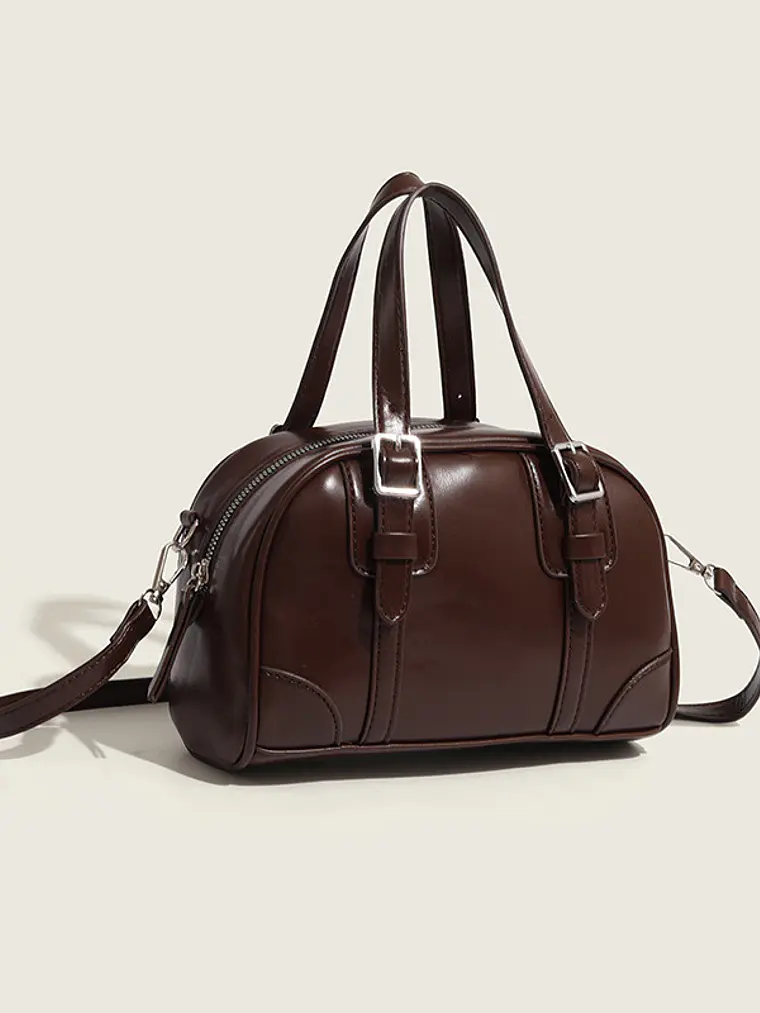 Bolso de mano tipo cápsula con hebillas plateadas y costuras decorativas — estilo retro coreano 2