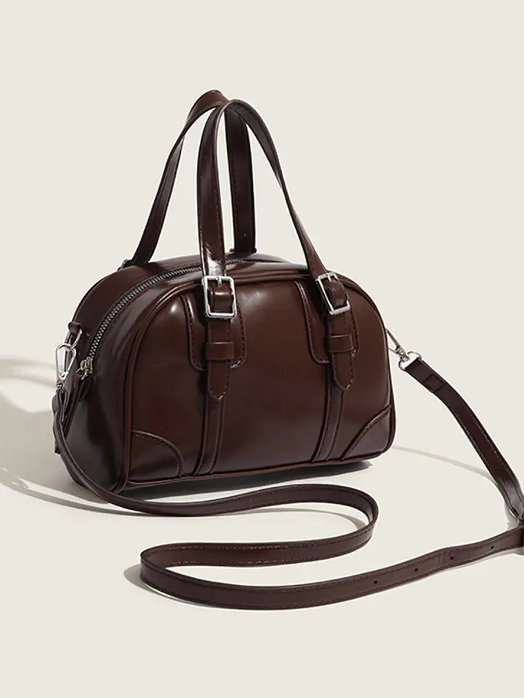 Bolso de mano tipo cápsula con hebillas plateadas y costuras decorativas — estilo retro coreano 3