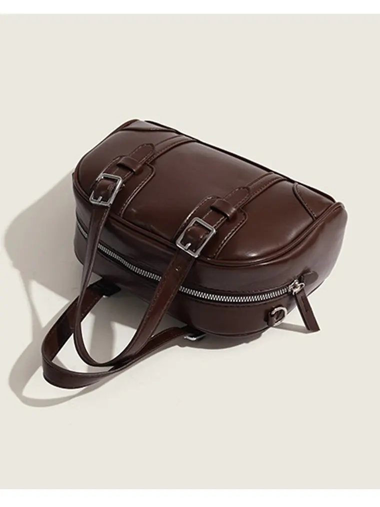 Bolso de mano tipo cápsula con hebillas plateadas y costuras decorativas — estilo retro coreano 4