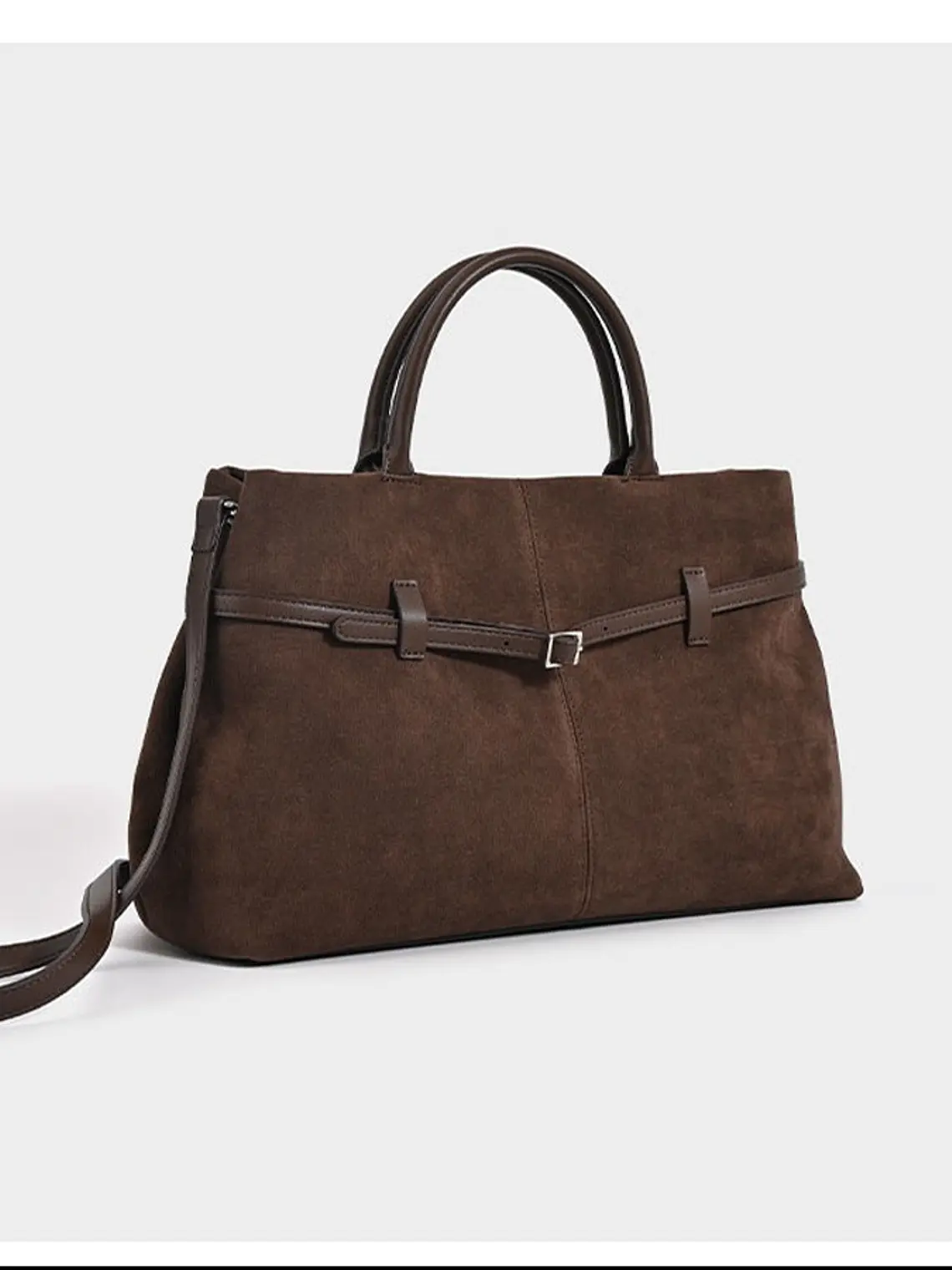 Bolso tote de gamuza con cinturón decorativo y asa tubular — volumen generoso, estilo sobrio 2